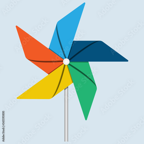 Colorful pinwheel vector logo icon on pale blue background. Isolated pinwheel paper toy vector design template.