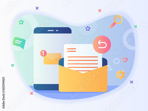Notification new message on smartphone screen reply email concept email service with flat style.