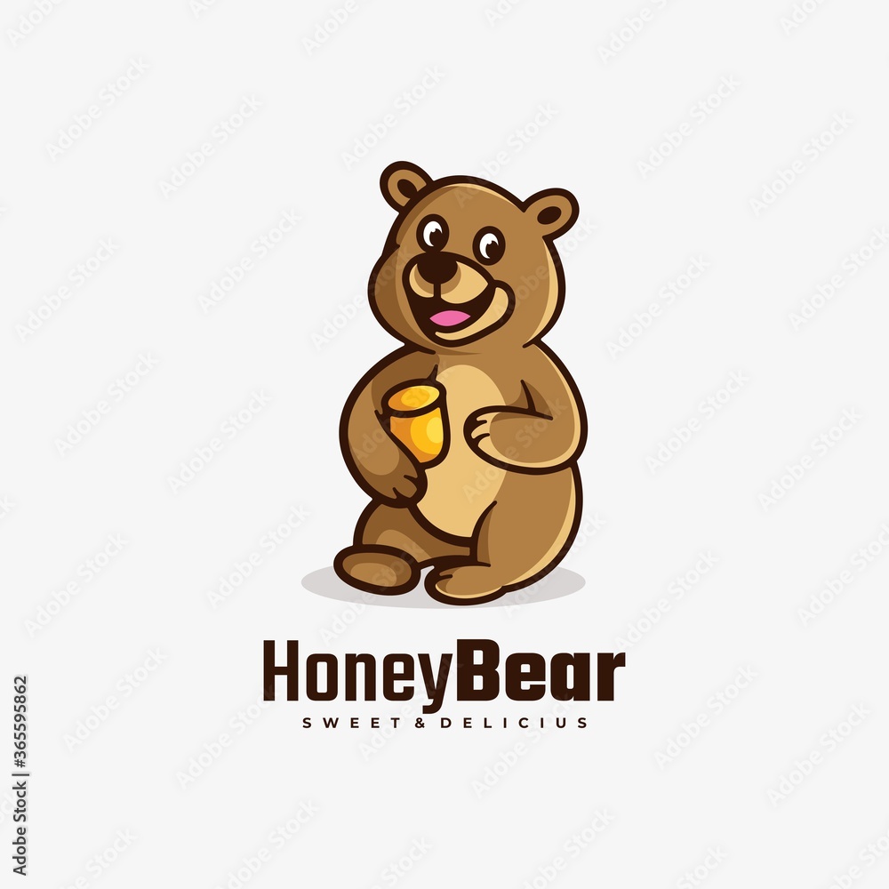 Vector Logo Illustration honey Bear Simple Mascot Style.