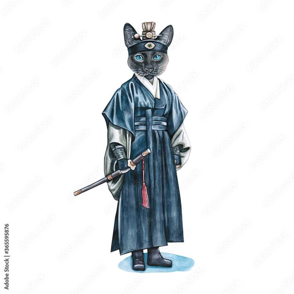 Watercolor illustration of a funny cat. Hand made character. Cartoon style illustration.  Samurai ninja