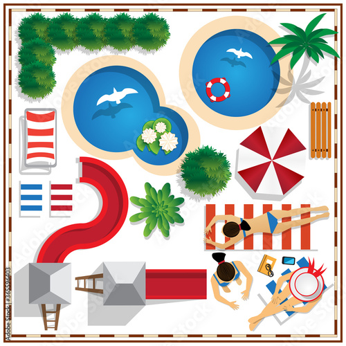 A set of elements for the water park. Isolated on white background. View from above. Vector illustration.