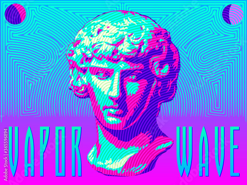 A Classical Bust Rendered in Bright Colors in the Vaporwave Style.