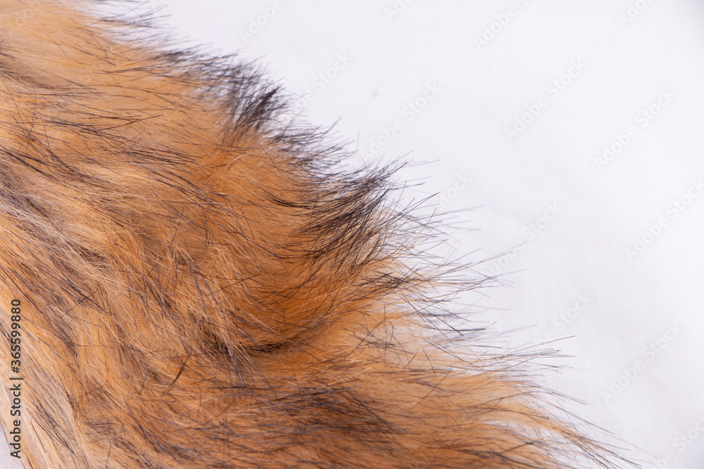 Artificial Fox faux fur skin closeup with white background copy space Artificial Fox faux fur skin closeup with white background copy space