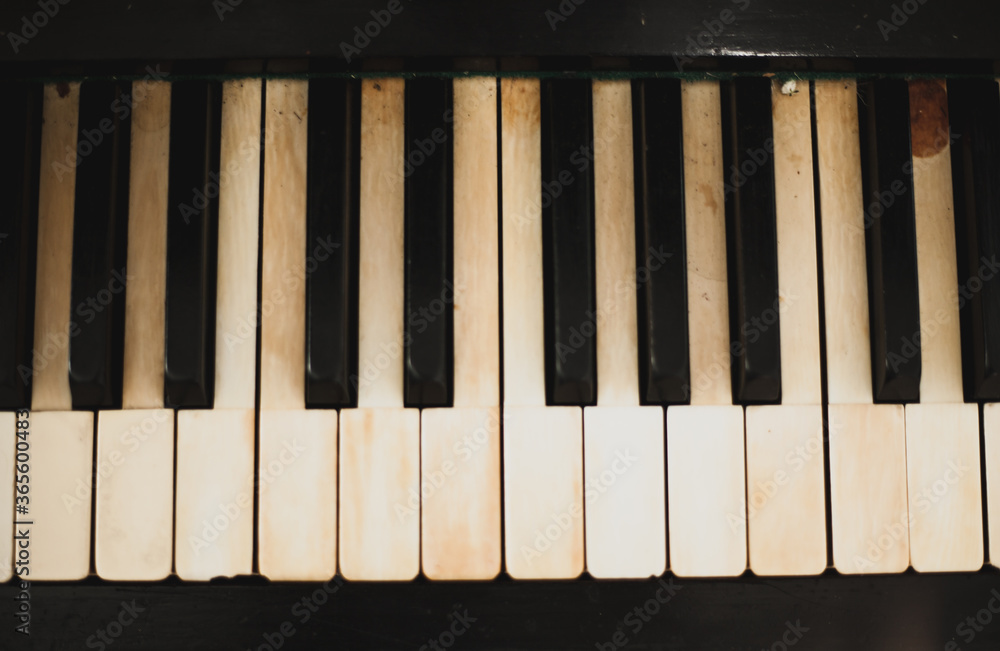 Background image of an old piano. Classic keys, music
