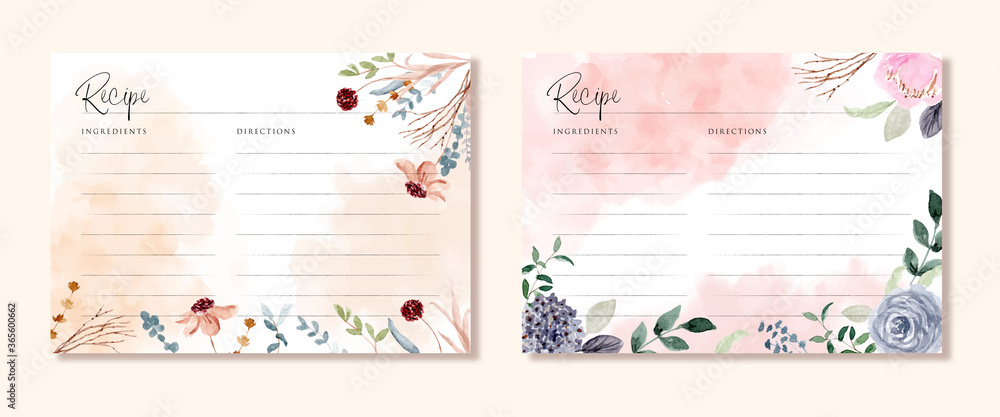 recipe card template with beautiful floral watercolor