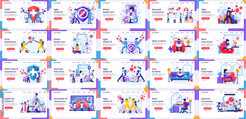 Set of landing page design templates, Big collection of COVID-19 Coronavirus, doctor, and nurses fight virus. can use for web banner, infographics, landing page, web template. flat vector illustration