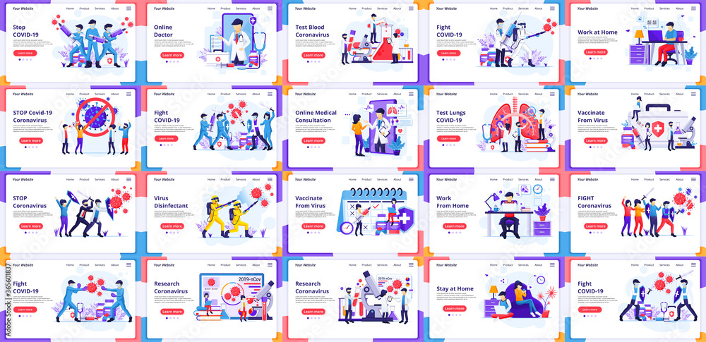Set of landing page design templates, Big collection of COVID-19 Coronavirus, doctor, and nurses fight virus. can use for web banner, infographics, landing page, web template. flat vector illustration