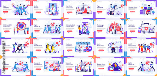 Set of landing page design templates, Big collection of COVID-19 Coronavirus, doctor, and nurses fight virus. can use for web banner, infographics, landing page, web template. flat vector illustration