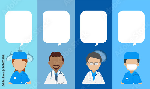 Surgeon and doctors with speech bubble flat design vector illustration