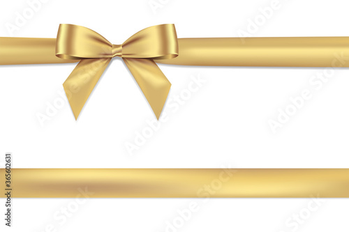 Golden bow realistic shiny satin and ribbon place on corner of paper with shadow vector EPS10 isolated on white background