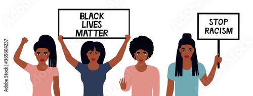 Black Lives Matter Design. Stop Racism. African American woman raised her fist. Girls hold banners. Protest against violence, discrimination. Fight for rights.