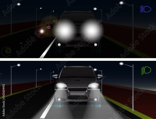 Vector illustration of car's high beam vs low beam at night