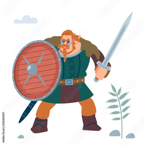 Viking Warrior, northerner Defensive Attack from the living dead. Isolated on white background. Vector flat illustration.