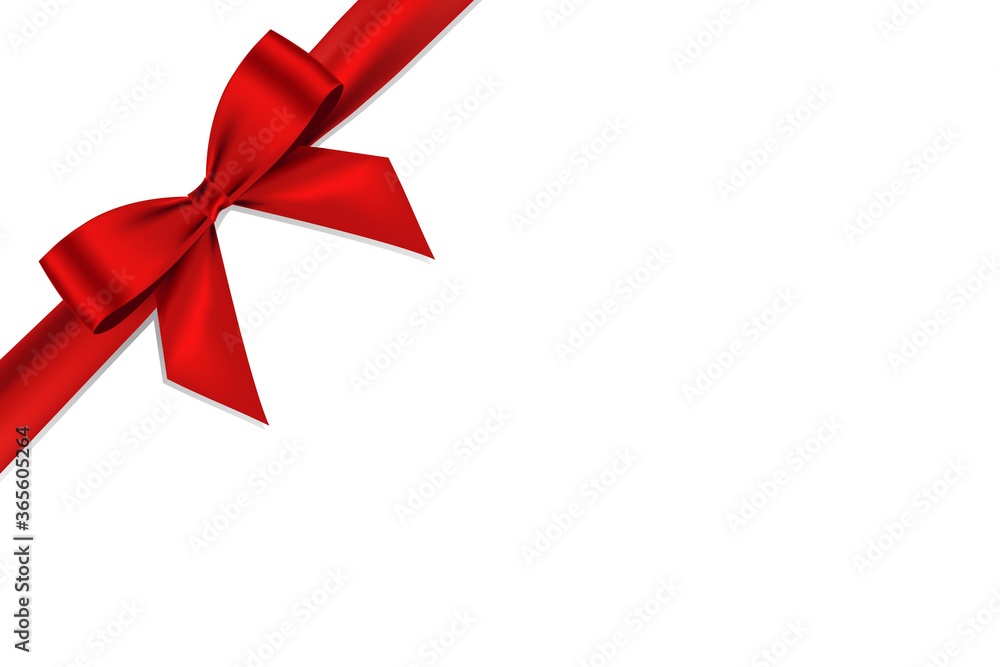 Realistic red bow shiny satin and ribbon with shadow place on corner of paper for decorate your greeting card vector isolated on white background Realistic red bow shiny satin and ribbon with shadow place on corner of paper for decorate your greeting card vector isolated on white background
