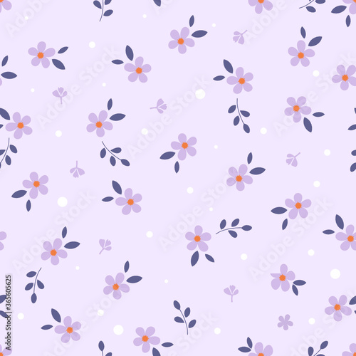 Floral seamless pattern with little purple flower and leaves on violet background vector.