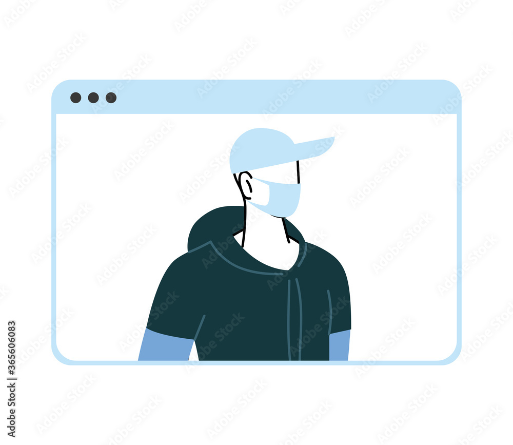 man with mask communicating by video call