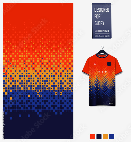 Blue Orange gradient, geometry shape abstract background. Fabric textile pattern design for soccer jersey, football kit, sport uniform. T-shirt mockup template design. Vector Illustration.