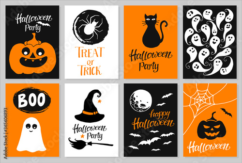 Set of hand drawn Halloween party invitations or greeting cards with handwritten calligraphy and traditional symbols. Vector illustration.
