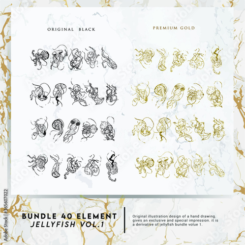 40 bundle jellyfish hand drawing premium design with original black and premium gold