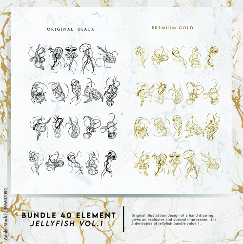 40 bundle jellyfish hand drawing premium design with original black and premium gold