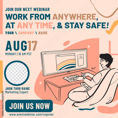 Work at home webinar banner design template.  People doodle of businessman sitting in front of his computer. Hand-drawn cartoon vector illustration