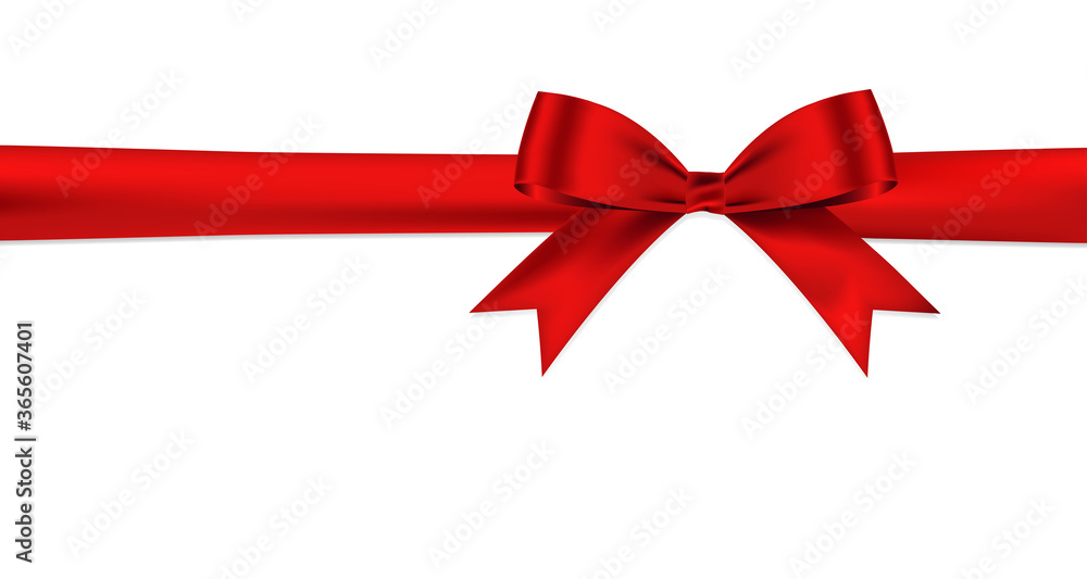 Red bow and horizontal ribbon realistic shiny satin for decorate your gift card or website vector isolated with shadow on white background Red bow and horizontal ribbon realistic shiny satin for decorate your gift card or website vector isolated with shadow on white background