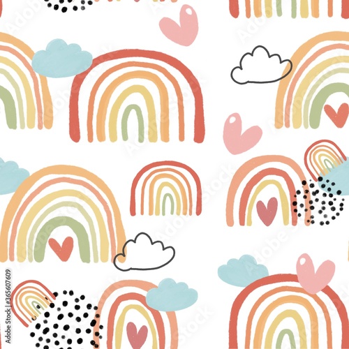 Cute colorful rainbow in autumn color palate pattern seamless background, Nursery Illustration, idea for gift wrapping paper, wall art and printable card.