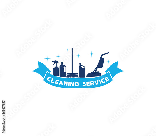 picture of vacuum cleaner, mop, and sprayer bottle with ribbon banner vector logo design for housekeeping and cleaning service