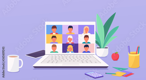 People talk or learning online by teleconference on laptop working from anywhere parts of the world from home. Conference video call.