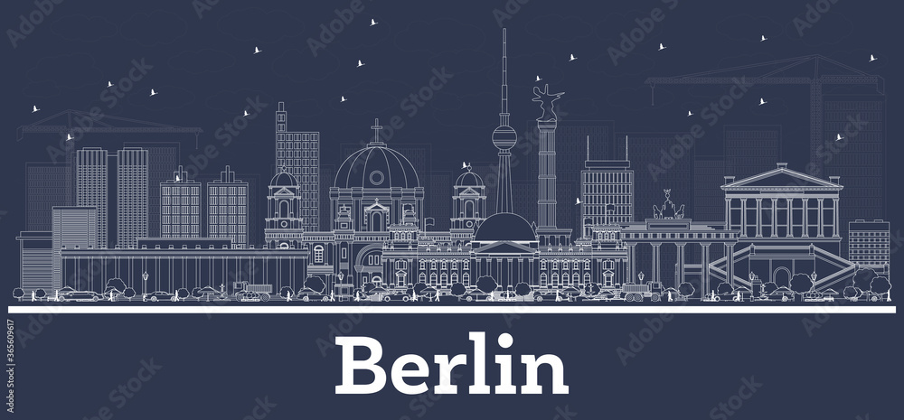 Outline Berlin Germany City Skyline with White Buildings.