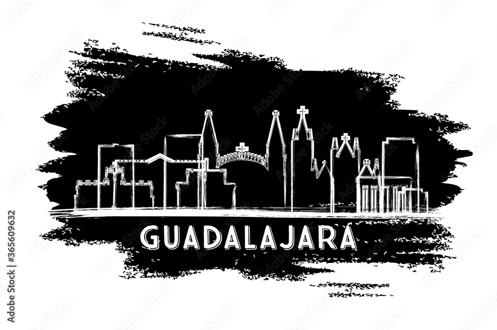 Guadalajara Mexico City Skyline Silhouette. Hand Drawn Sketch.