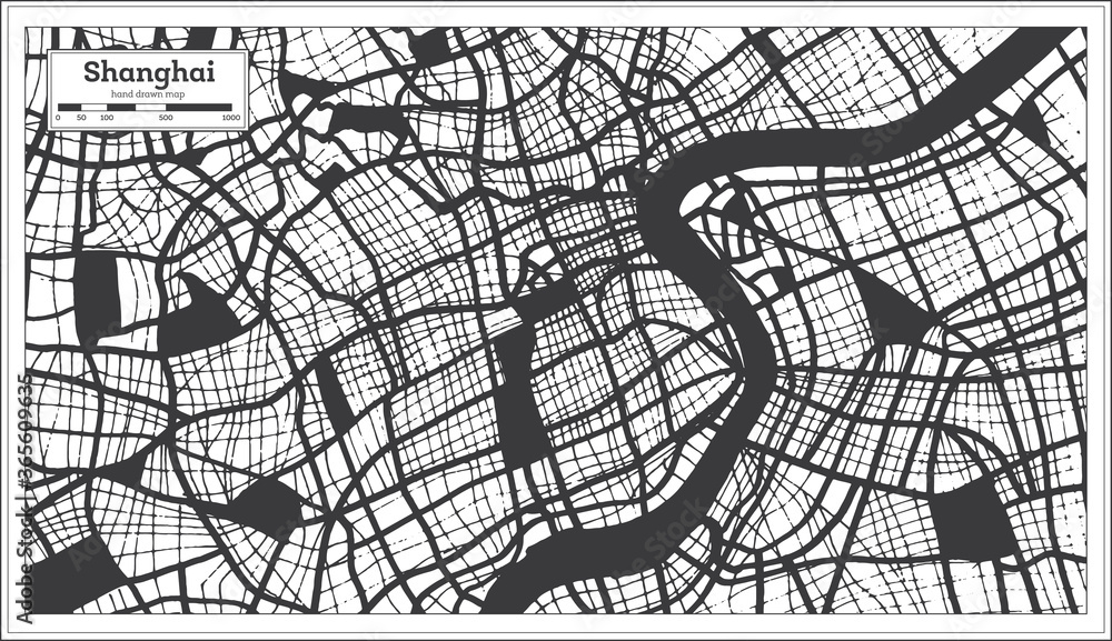 Shanghai China City Map in Black and White Color in Retro Style. Outline Map.
