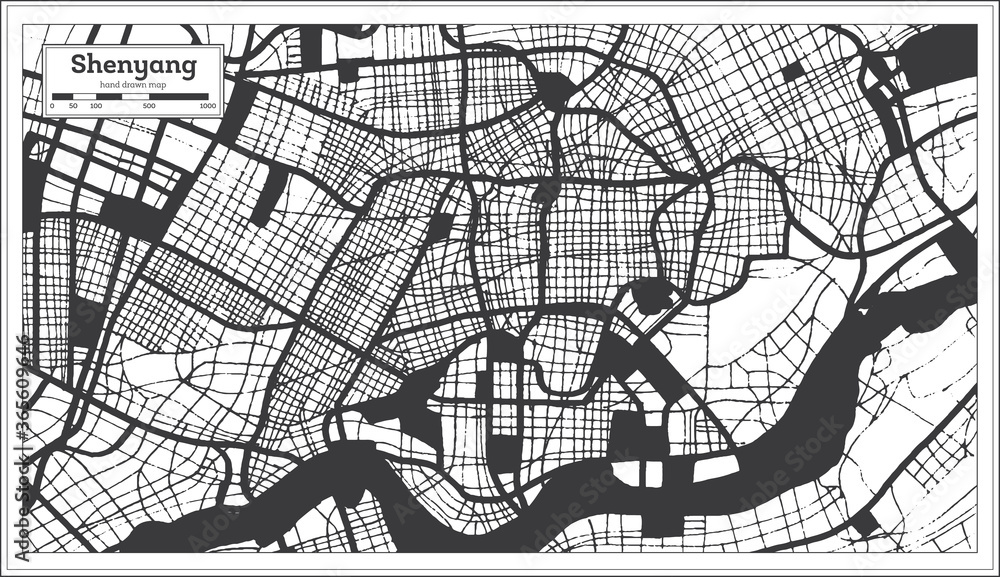 Naklejka premium Shenyang China City Map in Black and White Color in Retro Style. Outline Map.