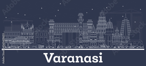 Outline Varanasi India City Skyline with White Buildings.