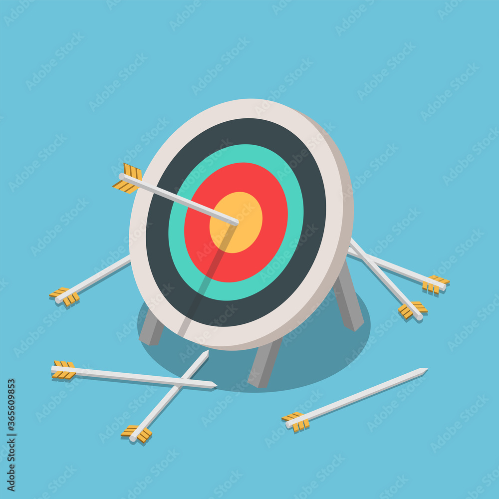 Isometric one of many arrow hitting on the center of target Isometric one of many arrow hitting on the center of target
