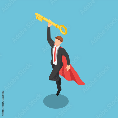 Isometric super businessman holding golden key over his head