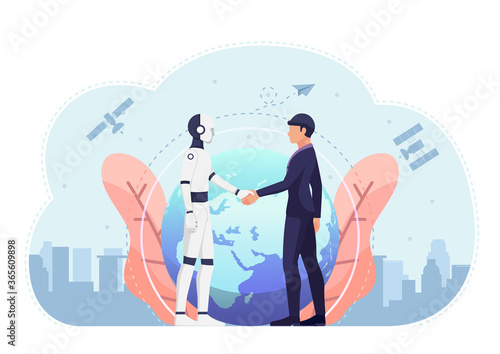 Businessman and ai robot shaking hand of against the world and satellite in background