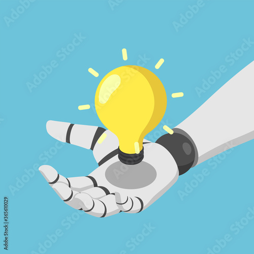 Isometric Ai artificial intelligence robot hand holding shining lightbulb