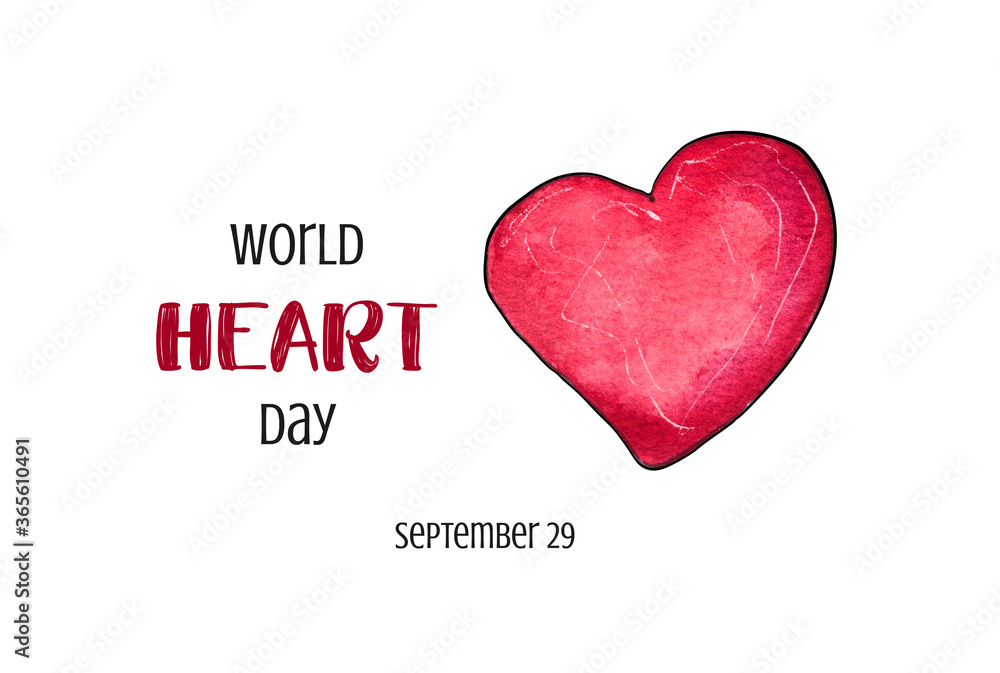 watercolor illustration of the world heart day, the emblem with the inscription.isolated on a white background.