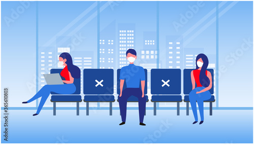 New normal concept and social distancing people keep distance from each other and wearing face mask prevention from disease outbreak vector illustration. New normal after COVID-19 pandemic concept 