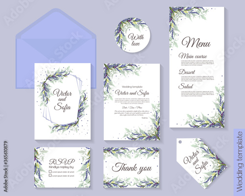 Vector floral invitation for wedding invitation, rsvp card, thanks, menu. Abstract frame with flowers of lavender. All elements are isolated.