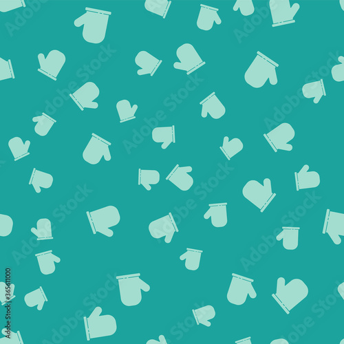 Green Oven glove icon isolated seamless pattern on green background. Kitchen potholder sign. Cooking glove. Vector illustration