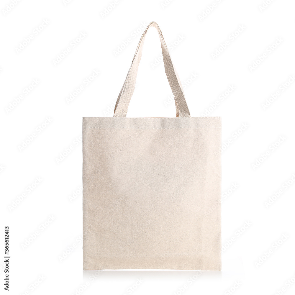 Blank Eco Friendly Beige Colour Fashion Canvas Tote Bag for branding, Isolated on White Background. Clear reusable Bag for Groceries mock up. Empty linen fabric tote bag for template. Front View. - obrazy, fototapety, plakaty 