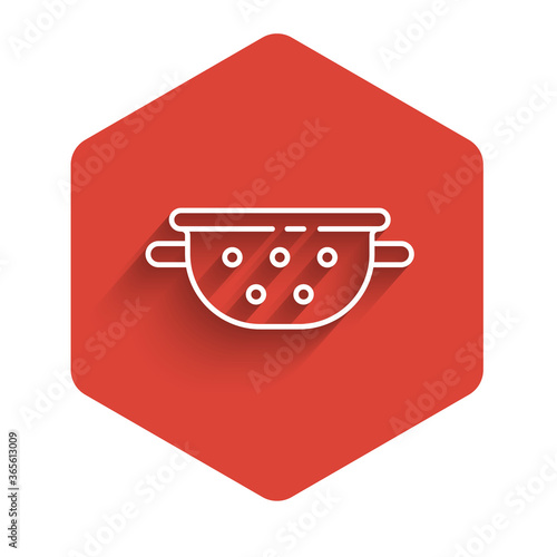 White line Kitchen colander icon isolated with long shadow. Cooking utensil. Cutlery sign. Red hexagon button. Vector.