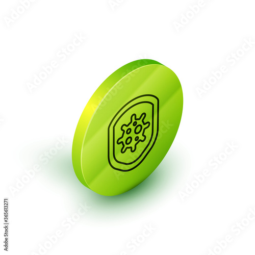 Isometric line Shield protecting from virus, germs and bacteria icon isolated on white background. Immune system concept. Corona virus 2019-nCoV. Green circle button. Vector.