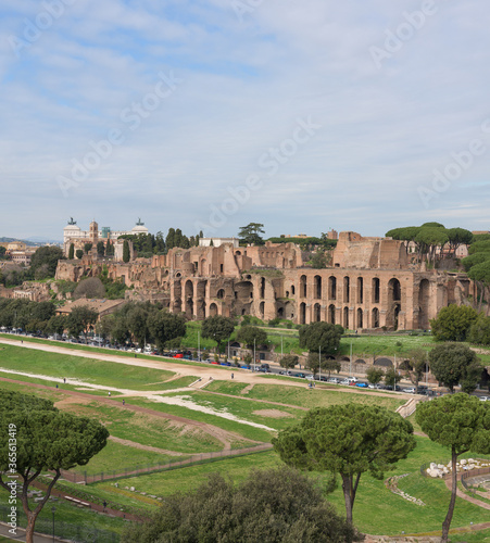 Canvas Print View of the ancient Roman Circo Massimo hippodrome theater, with the ruins of th