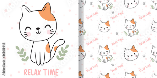 Draw happy cat. Print seamless pattern and Greeting card for fabric textiles kids.