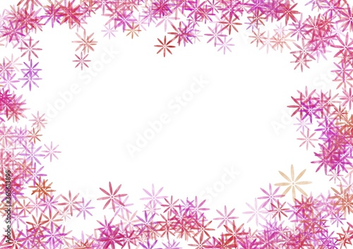 Abstract backgrounds. Hand drawn various shapes and doodle objects. Flower frame  slender petals  pink  fuchsia. Free space in the middle of the frame for entering text.