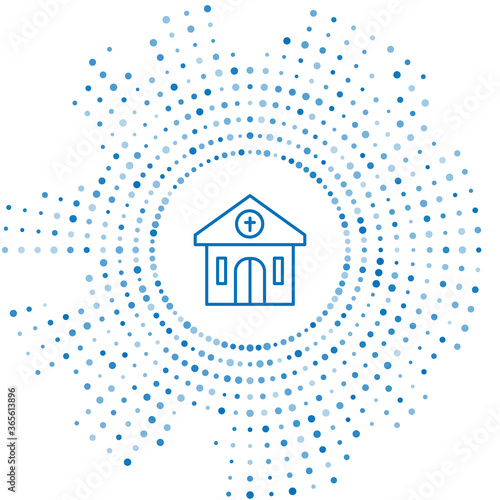 Blue line Church building icon isolated on white background. Christian Church. Religion of church. Abstract circle random dots. Vector.