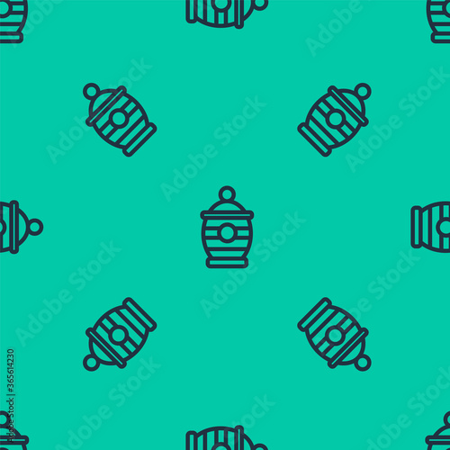 Blue line Funeral urn icon isolated seamless pattern on green background. Cremation and burial containers, columbarium vases, jars and pots with ashes. Vector.